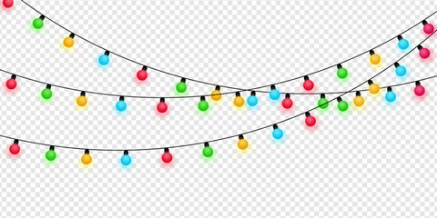 Color garland with luminous bulbs. glowing decoration. Fairy string with bright lights. Color New Year lamps for poster or website. Vector illustration. © Design Element