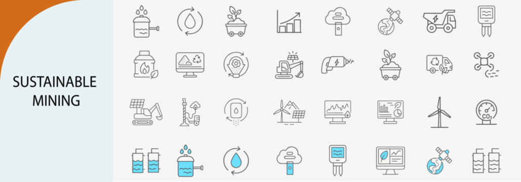 sustainable mining and eco technology icons, clean line vector set