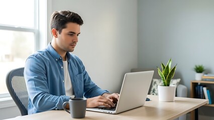 Man working on laptop at desk in office