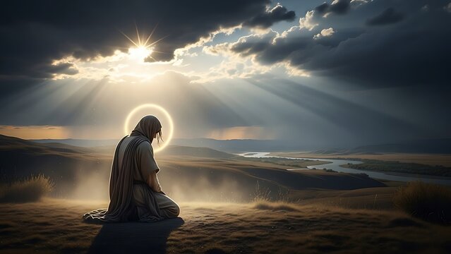 Figure meditating under radiant sun