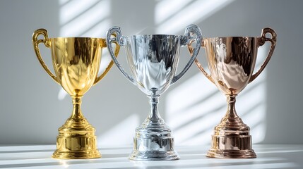 Three Award Trophies Gold Silver Bronze Representing Victory.