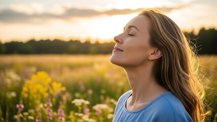 Woman enjoying peaceful moment in nature at sunset