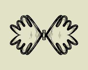 Hand drawn abstract wings illustration in vintage doodle style. Sketchy angel wings icon, retro ink line art design. Symmetric wing tattoo design, black and white doodle sketch.