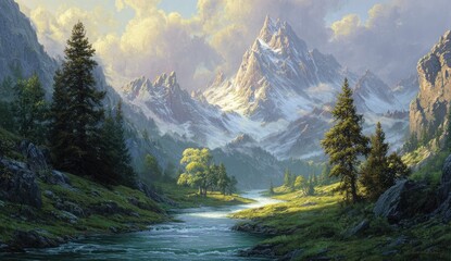 Mountain valley with stream, lush greenery, and snow-capped peak