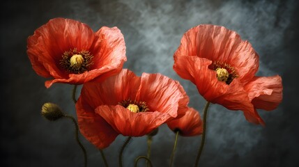 Obraz premium Three Vibrant Red Poppies Bloom Against a Moody Dark Background.
