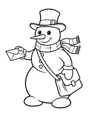 A cheerful snowman dressed as a mail carrier holding an envelope and a satchel.