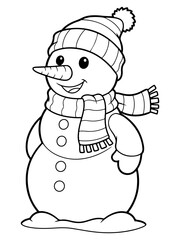A cheerful cartoon snowman wearing a striped hat and scarf, ready for winter fun.