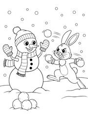 A cartoon snowman wearing a hat and scarf is playing a snowball fight with an angry rabbit in the snow.