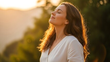 Woman enjoying peaceful moment in nature at sunset