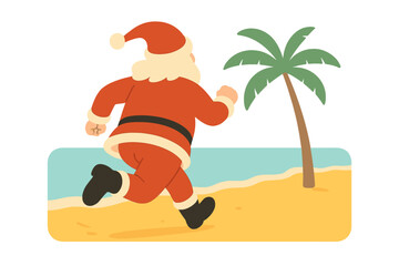 A humorous conceptual image of Santa Claus sprinting along a tropical beach by the sea, viewed from behind