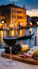 Naklejka premium Luxury wine and charcuterie on a Venetian canal terrace at sunset