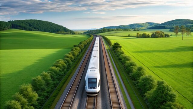 Hydrogen-Powered Train Traveling Through Serene Green Landscape