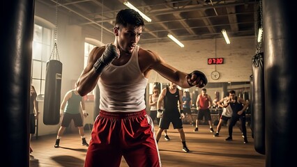 Man practicing boxing in a gym with other people