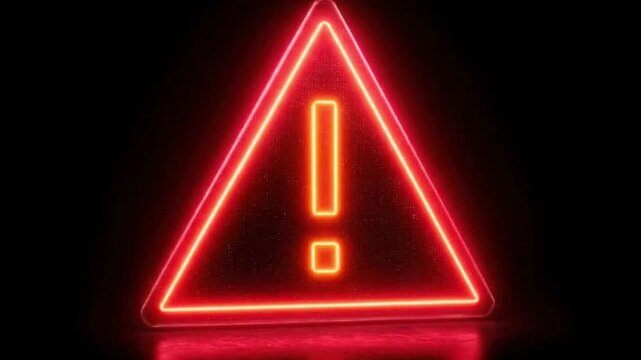 A vivid, glowing red neon-style warning sign featuring an exclamation mark within a prominent triangle shape, isolated against a dark, reflective background. The luminous outline radiates an intense l