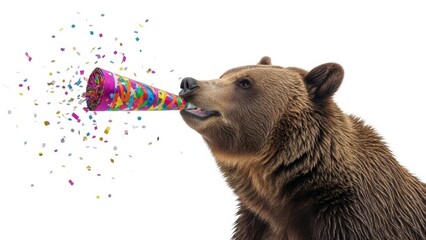 bear with a party noise maker in it's mouth, celebration, fun, on a white background, animal photo, blowing