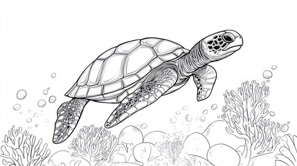 Detailed illustration of a sea turtle swimming underwater with coral