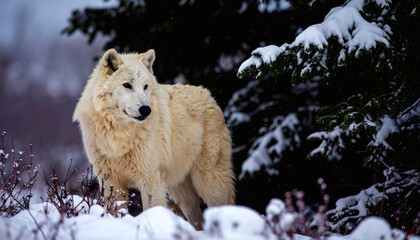 Obraz premium A wild white wolf is standing in a snowy forest. Winter environment in soft light, and detailed fur texture captures wildlife realism and untouched wilderness.