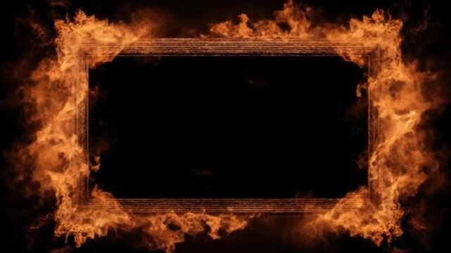 A dynamic and intense animation displays a sleek rectangular frame fully engulfed in vibrant, flickering flames, set against a stark, deep black background. This powerful, fiery border generates a dra