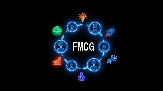 FMCG acronym in a glowing blue circle with business icons on a dark background FMCG concept