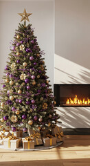 Christmas tree with purple and gold ornaments, and wrapped presents, near a modern fireplace. Representative of holiday celebration and gift giving