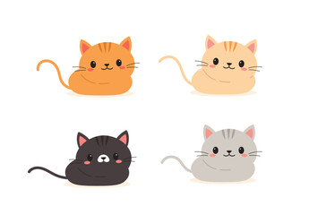 Fototapeta premium Cute cat characters set. Adorable cartoon kittens lying down in different colors, orange, beige, black, and grey. Sweet feline pet vector illustration for kids.