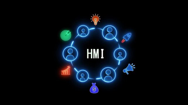 Neon HMI Icon Circle With Business Growth And Teamwork Symbols On Black Background human machine interface
