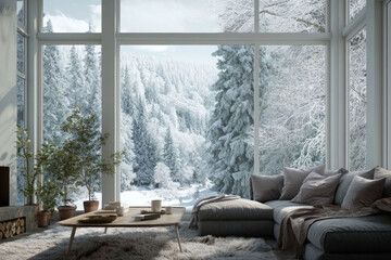 Obraz premium Cozy living room with large windows overlooking a snow-covered forest landscape, digital background for ms teams, digital background
