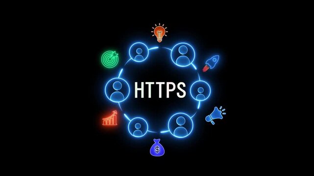 Neon HTPS Icon Circle With Business Growth And Teamwork Symbols On Black Background HTTPS hypertext transfer protocol secure
