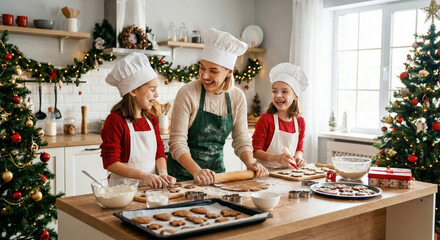Mother and Daughters Baking Christmas Cookies in Kitchen