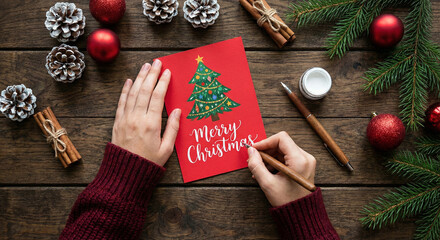 Overhead View of Hands Writing Merry Christmas Card