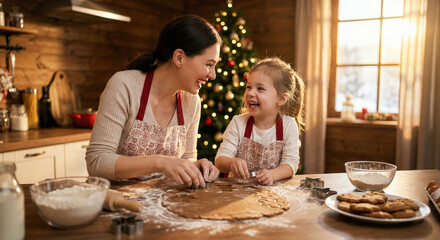 Mother and Daughter Baking Christmas Cookies in Kitchen