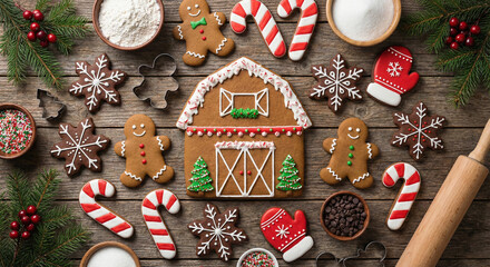 Gingerbread Barn and Cookies on Wooden Background