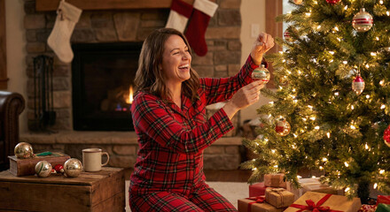 Woman Decorating Christmas Tree in Plaid Pajamas