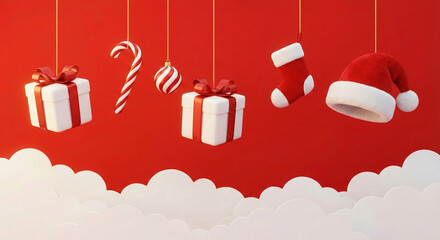 Hanging Christmas Gifts and Ornaments on Red Cloud Background