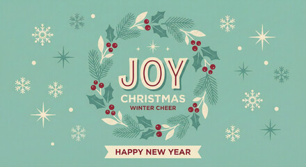 Retro Christmas Joy Greeting Card on Teal Background