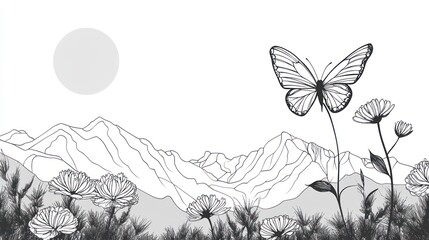 Monochrome illustration of a butterfly on a flower against a mountain landscape