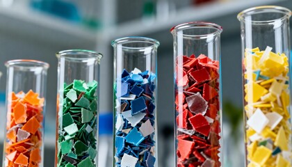 Glass test tubes filled with colorful recycled plastic granules, lined up in a laboratory