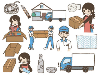 手描きの女性と作業員、引っ越しセット