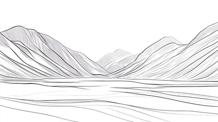 Monochrome landscape illustration featuring mountains and a valley scene
