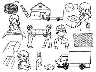 手描きの女性と作業員、引っ越しセット線画