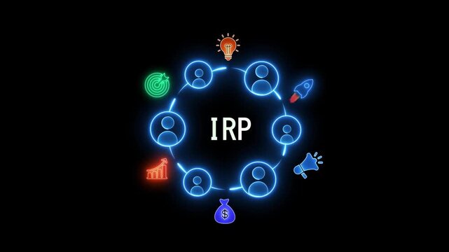 IRP acronym in a glowing blue circle with icons representing business and technology concepts on a black background Keywords: IRP, acronym, business, technology, network, connection