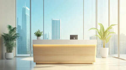 Real estate office reception counter mockup front interior registration copy space desk design indoor decoration front view decoration three-dimensional