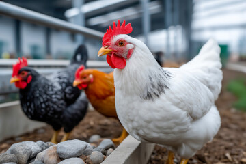 Indoor poultry farm featuring healthy chickens in a clean environment, showcasing vibrant colors and textures, ideal for commercial use with copy space for design