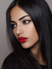 Fototapeta premium A stunning woman with long black hair and captivating hazel eyes gazes thoughtfully off to the side. Her glossy lips add a vibrant touch to her elegant look, accentuated by soft, glowing light