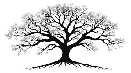 Silhouette of a large tree with detailed branches and roots against white
