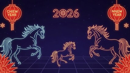 Neon horses celebrate 2026 chinese new year zodiac, chiew year, running horses in neon light on dark background with lanterns
