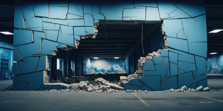 Graffiti covers an old urban factory wall beside a train under a city sky with glass buildings in the background