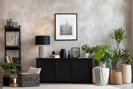 modern living room decor with plants and city art