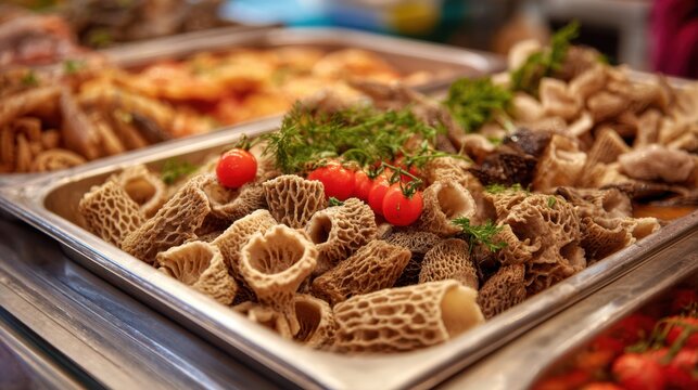 Varied selection of tripe displayed in a metal tray with vibrant garnishes showcasing the unique texture of this offcut in a market stall.