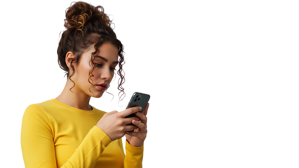 Woman using smartphone isolated on transparent background
